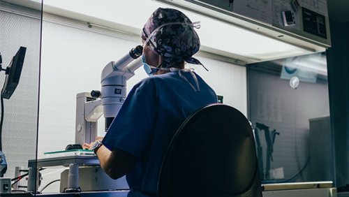 a medical professional looking into a microscope